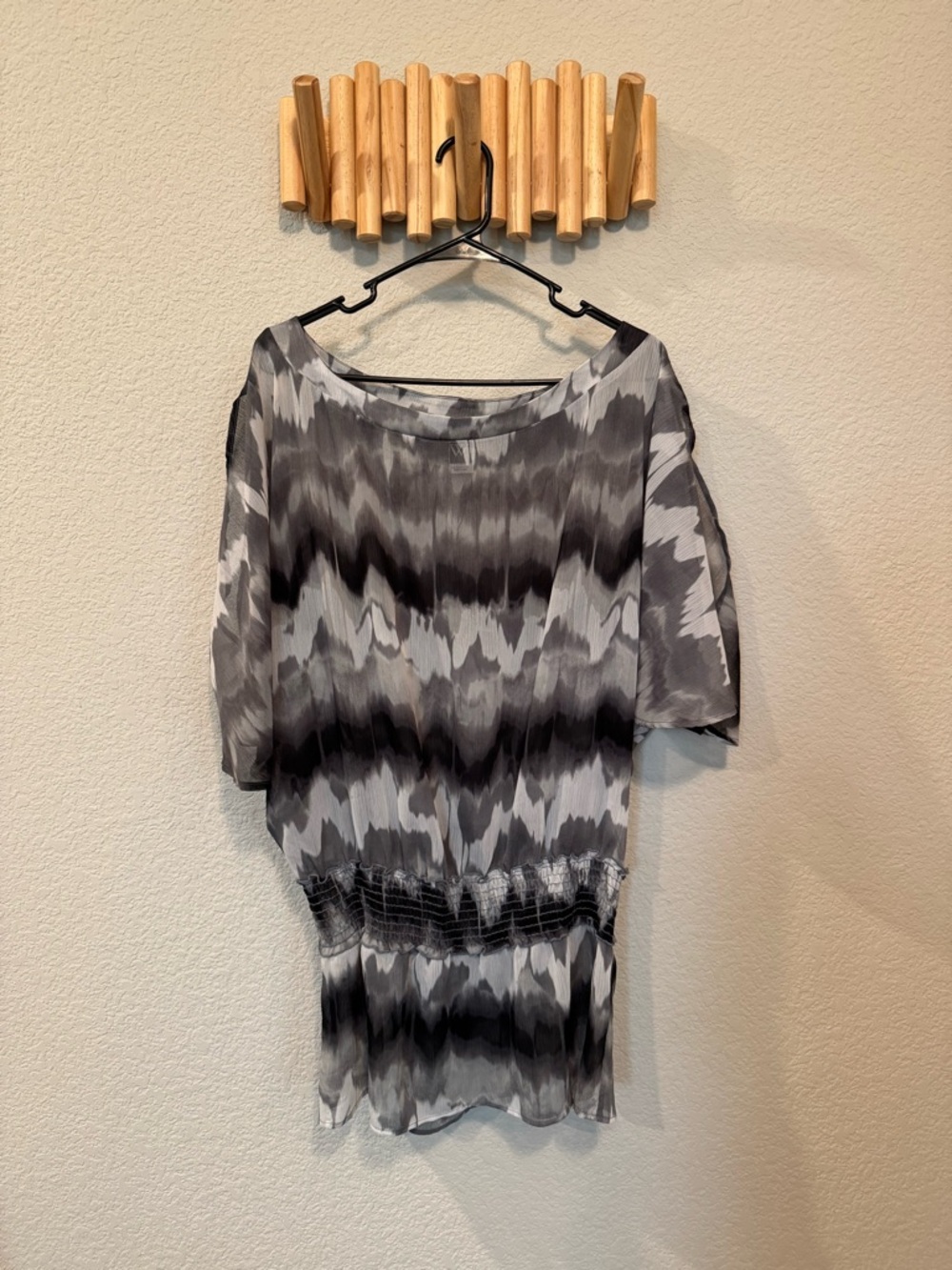 Tie Dye Swim Cover Up Smocked Waist Sheer Beach Coverup Black Gray Flowy - Picture 4 of 4
